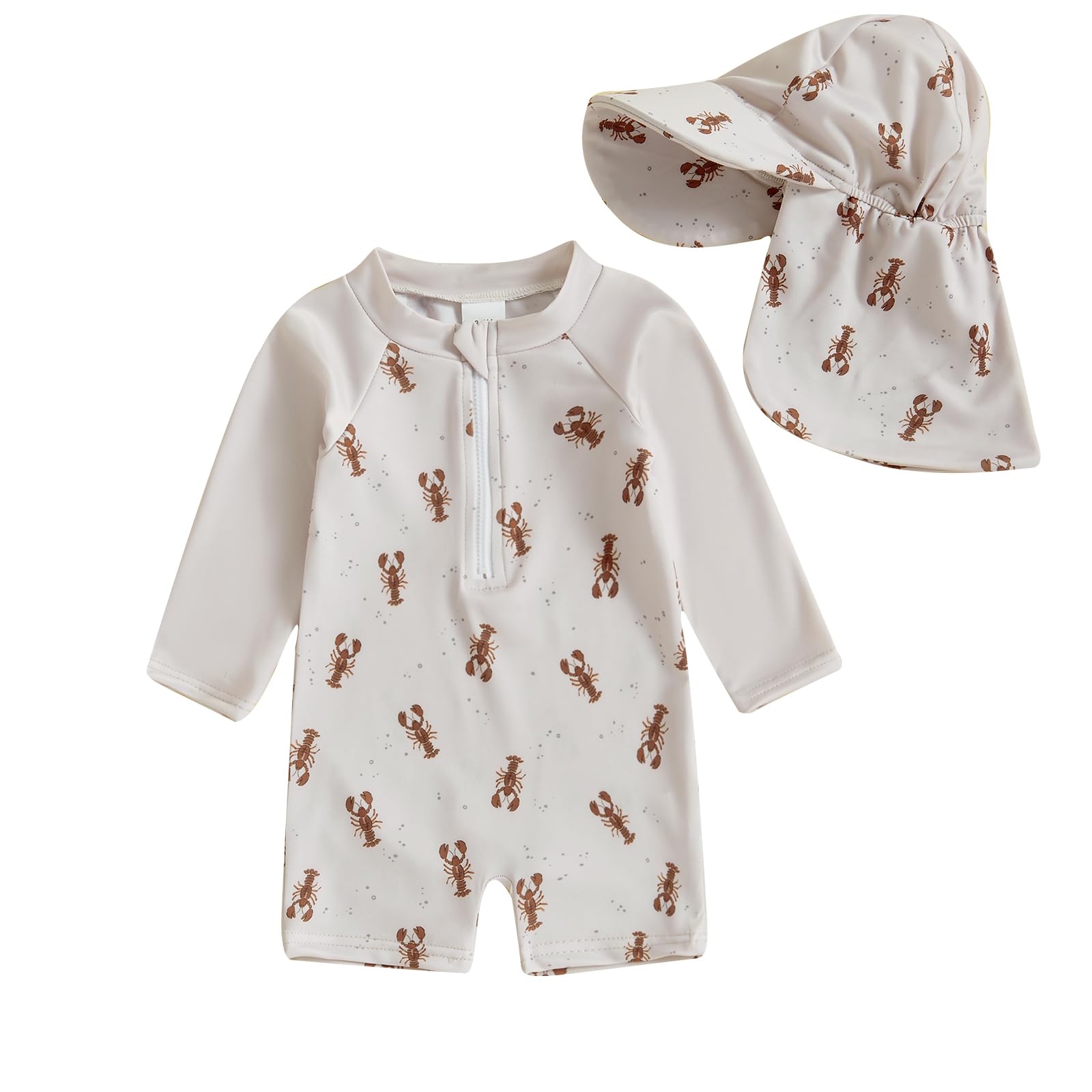 Toddler Rash Guard Swimsuits with Hat 2 Pcs Set Crab Lobster Whale Pattern Zip Up Long Sleeve Crew Neck Baby Swimwears (Khaki, 2-3 Years)