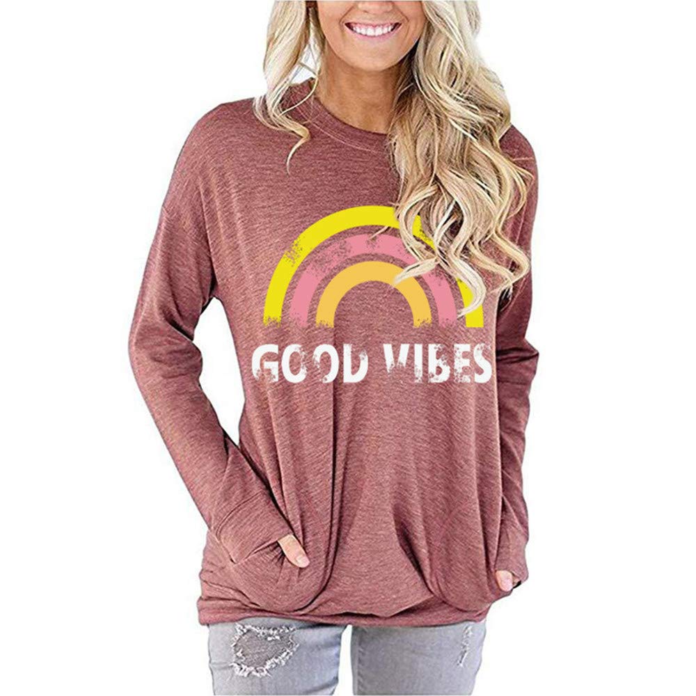 Women Top Sweatshirt Blouse Long Sleeve Rainbow Striped Good Vibes Sunshine Print Pockets Loose Ladies Tops