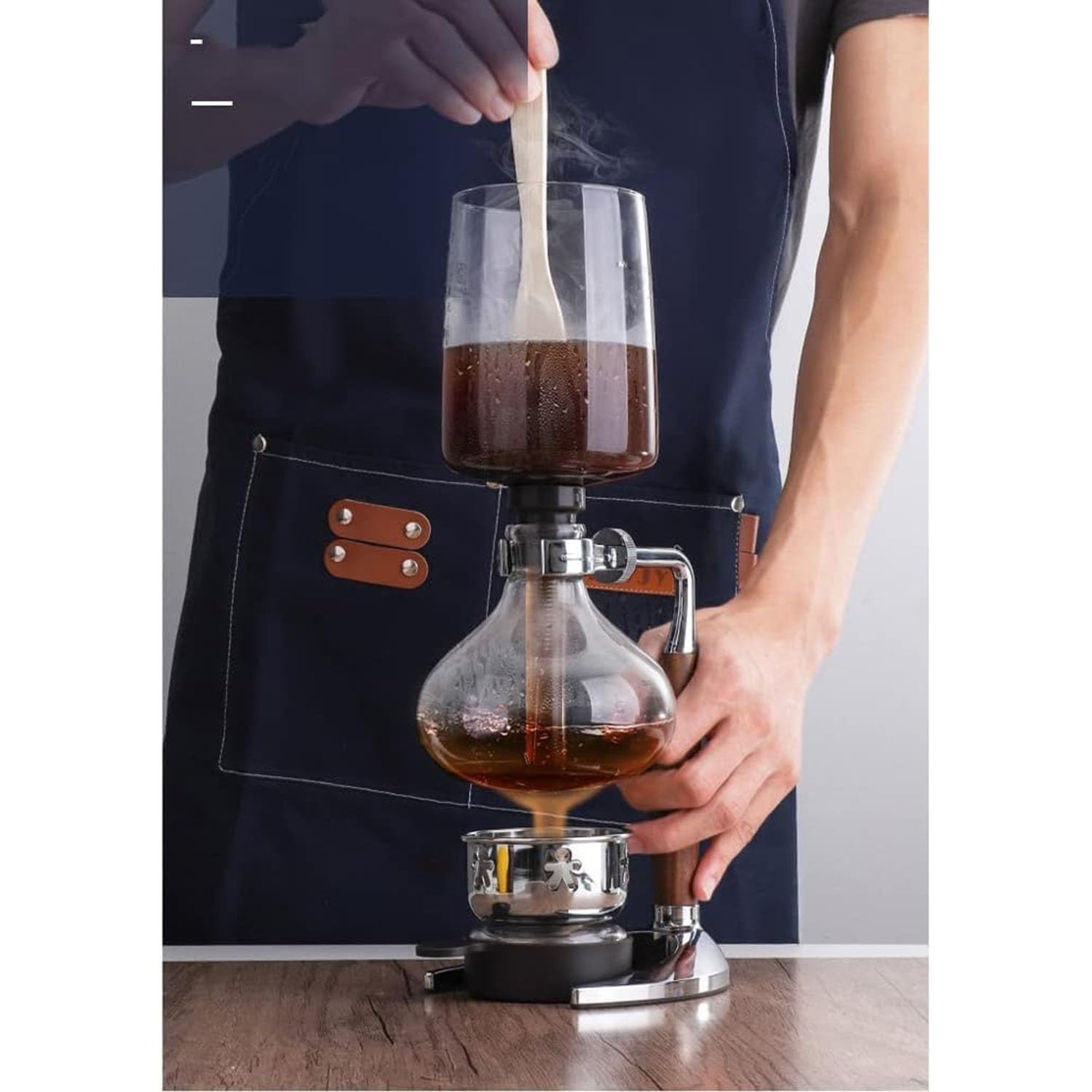 Caffettiera a sifone in vetro retrò da 3-5 tazze, manuale, sottovuoto, for fornello, in vetro borosilicato con manico in noce, for caffè e tè(600ml)