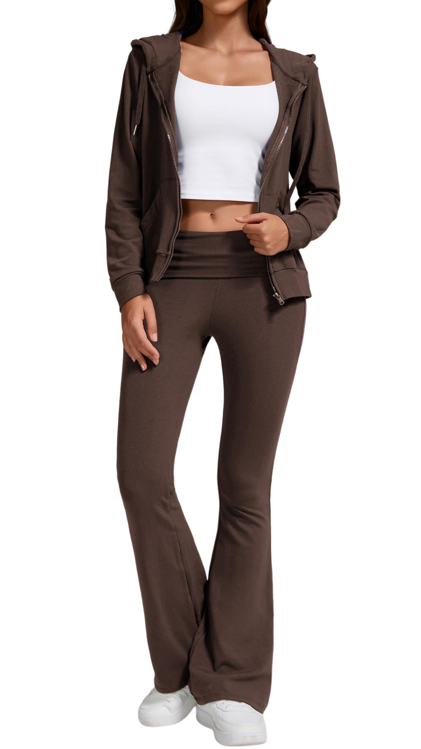 Yetowa Women's Coffee 2-Piece Lounge Outfit-Lightweight Zip-Up Hoodie With Pockets & Low Rise Flare Leggings Yoga Sweatsuit Set, Large