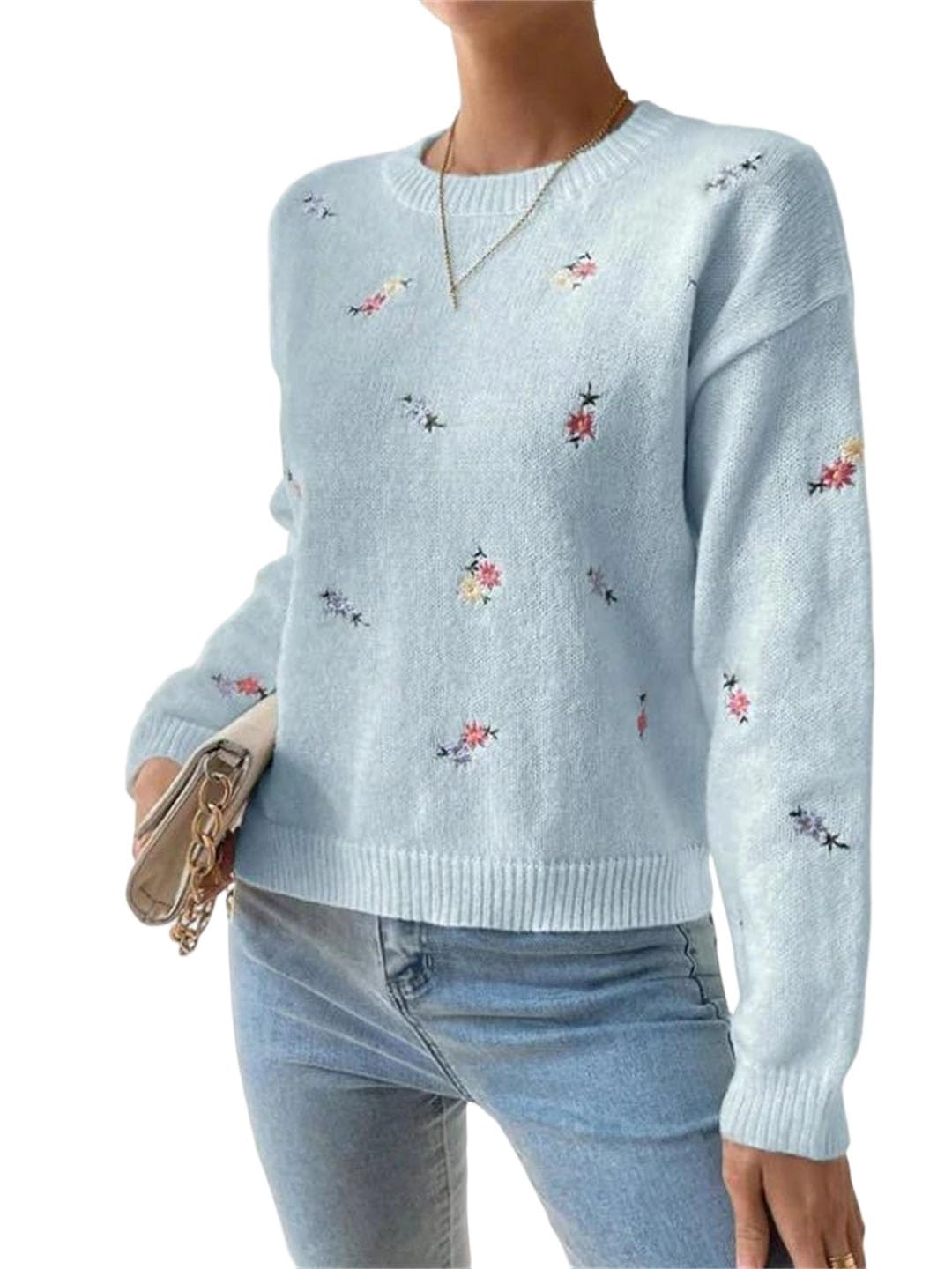 Women Embroidery Floral O-Neck Pullovers Long Sleeve Loose Knitted Splice Warm Sweaters