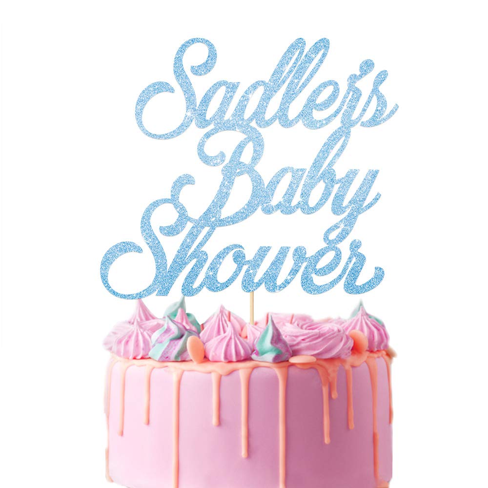 EDSG Personalised Cake Topper for Baby Shower | Cake Decoration Double Sided Glitter Card Text Customized Any Name | Multicolour Party Decoration Hand Finished in UK(Baby Blue)