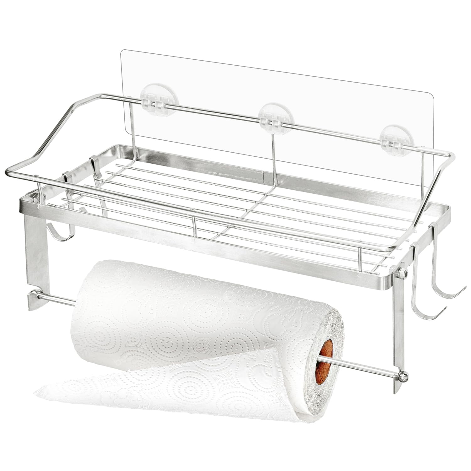 Socpuro Paper Towel Holder with Shelf, 2-in-1 Paper Towel Roll Rack with 4 Hooks, Adhesive Wall Mount Basket Organizer for Bathroom Kitchen