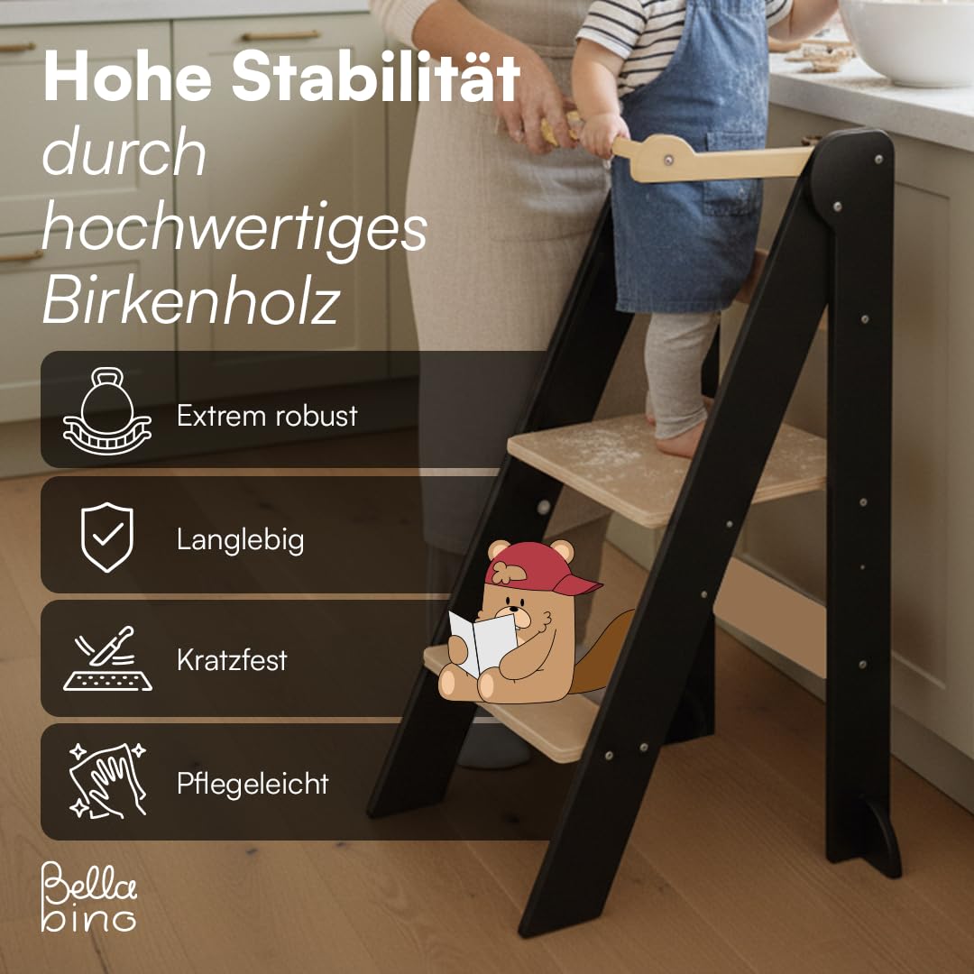 Bellabino Tay Lernturm ab 1 Jahr – Learning Tower 2-Fach höhenverstellbar & klappbar – Lernstuhl in Grau/Natur für Kinder – Montessori Stehturm aus Birkenholz – sicherer Tritthocker mit Kippschutz