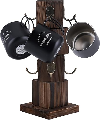Soporte para taza de café con 8 ganchos para mostrador rústico de madera maciza, árbol de granja, soporte de taza de café envejecido (marrón)
