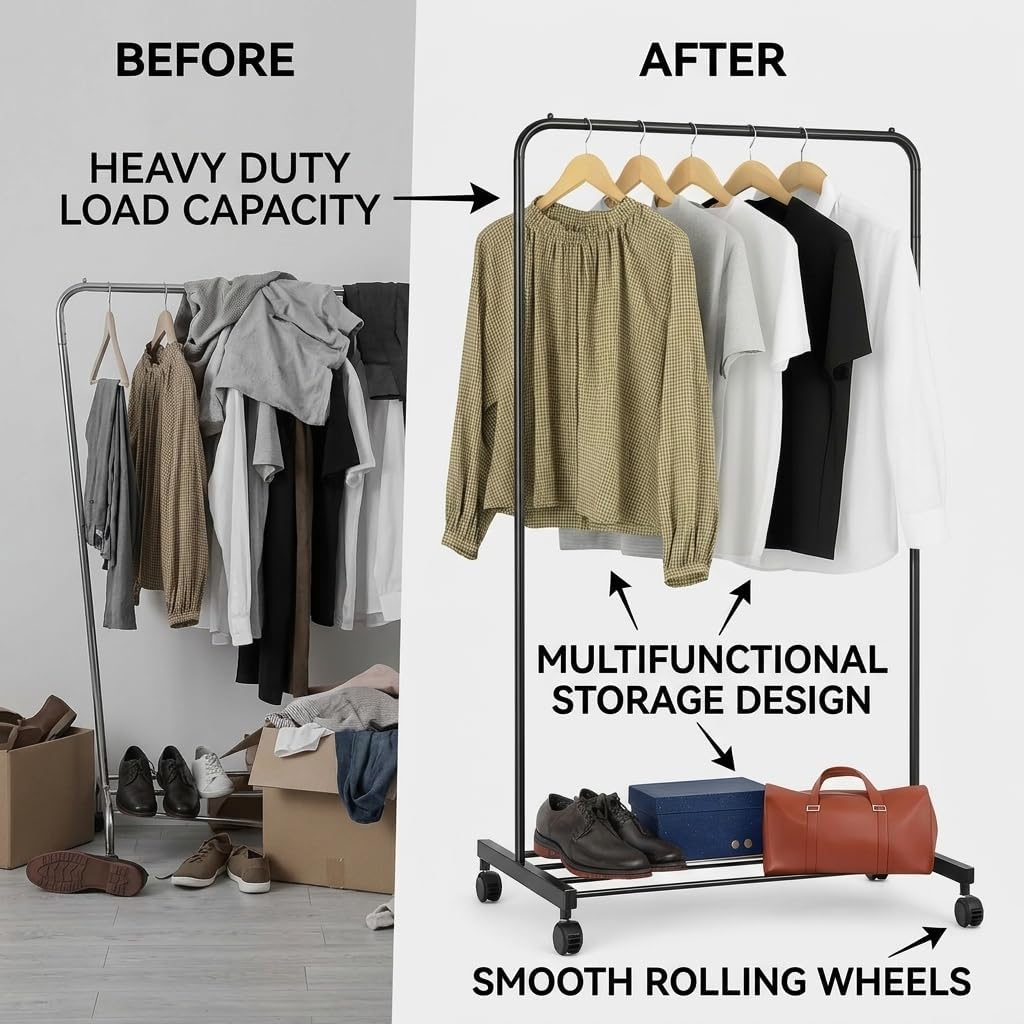 USTECH Heavy Duty Garment Rack with Sturdy Wheels | 450 lb Load Capacity | Adjustable Metal Clothing Anti-Slip Rack for Hanging Clothes, Lockable for Stability (Single Rod)