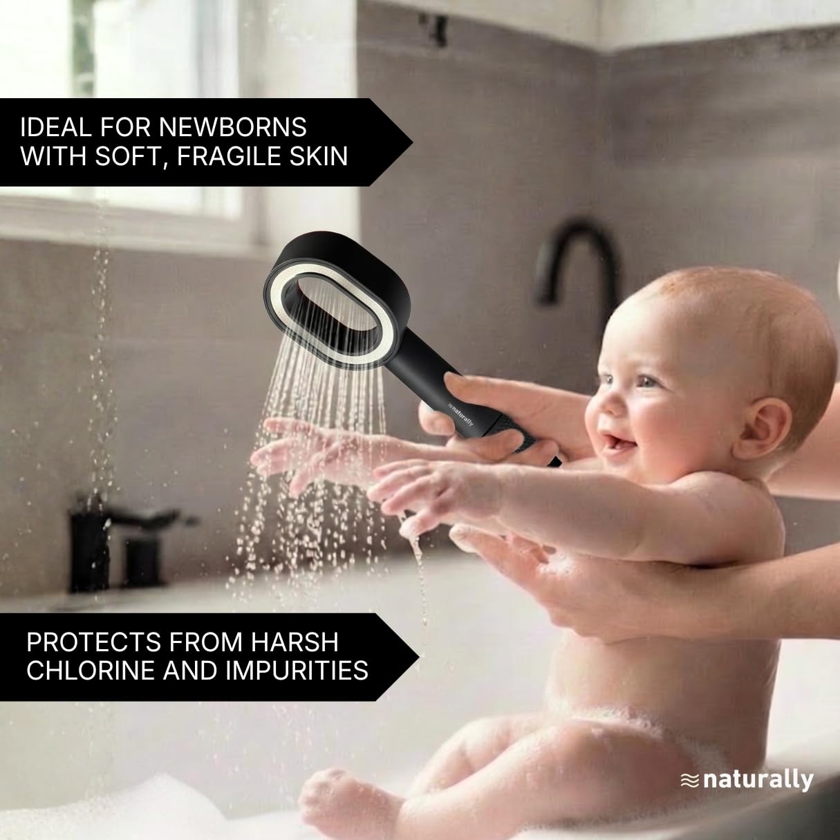 Naturally Hermoso cabezal de ducha de mano con filtro (gris) | Reducción de cloro | Convierte agua dura en agua blanda | Elimina sales e impurezas | Montaje de tornillos | Presión de agua mejorada