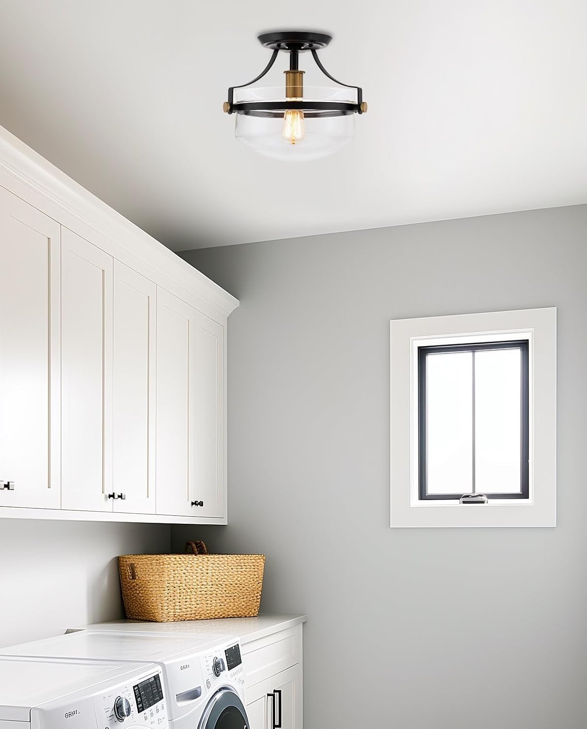 Kira Home Zurich 12" Modern Industrial Semi-Flush Mount Ceiling Light, Two-Tone Fixture with Clear Glass Schoolhouse Bowl Shade, Warm Brass and Black Finish