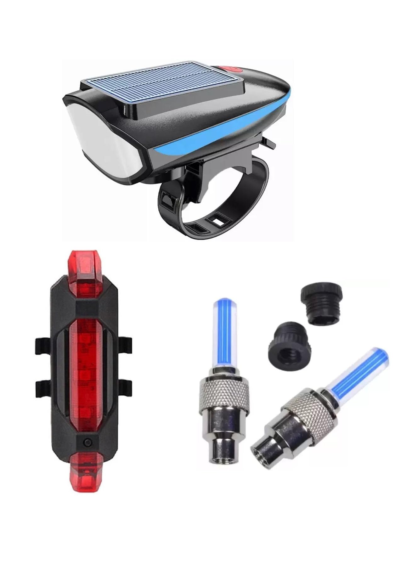 ABC AMOL BICYCLE COMPONENTS Rechargeable Cycle Solar Front, Rear & Valve Light and with Horn Waterproof Cycle Light (Multicolor) (Blue)