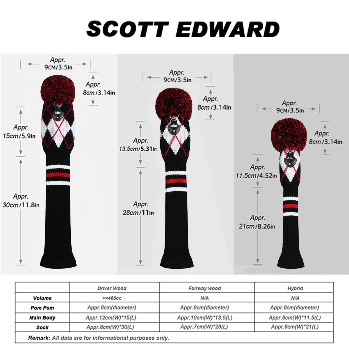 Scott Edward Set di 3 coperture per mazze da golf in maglia per driver Fairway Wood & Hybrid con etichetta con numero rotante