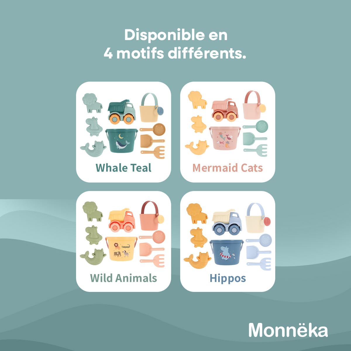 Set de Jouets de Plage | Jouets de Sable Écoresponsables et Sûrs dès 6 Mois | Kit avec Seau, Pelles, Râteau, Arrosoir et Camion | Facile à Transporter pour Plage | Whale Teal
