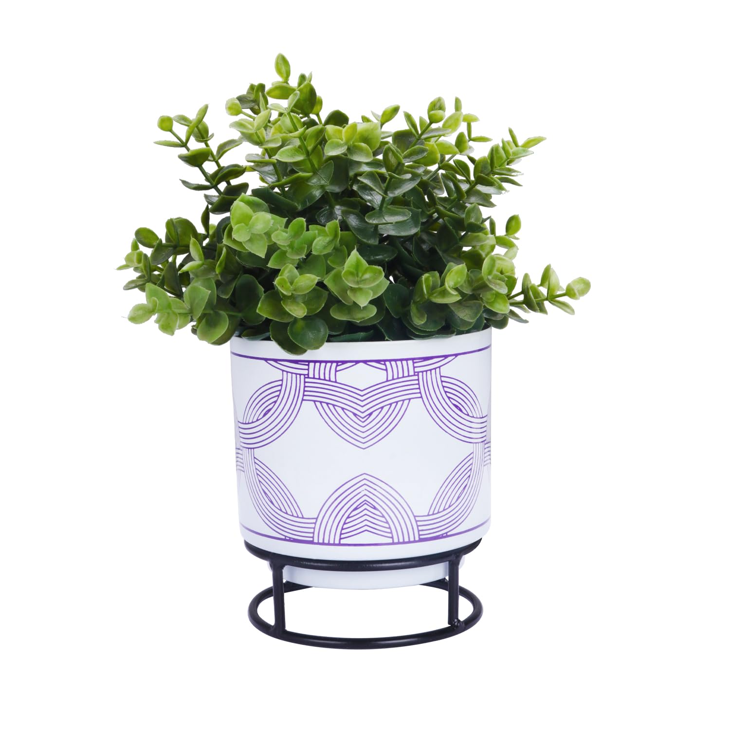 BonKasoMetal Pot White with Round Stand Leaf Design for Indoor Outdoor Use, Rust-Free & Powder Coated - Pot Size: 13 x 13 cm, Set of 2