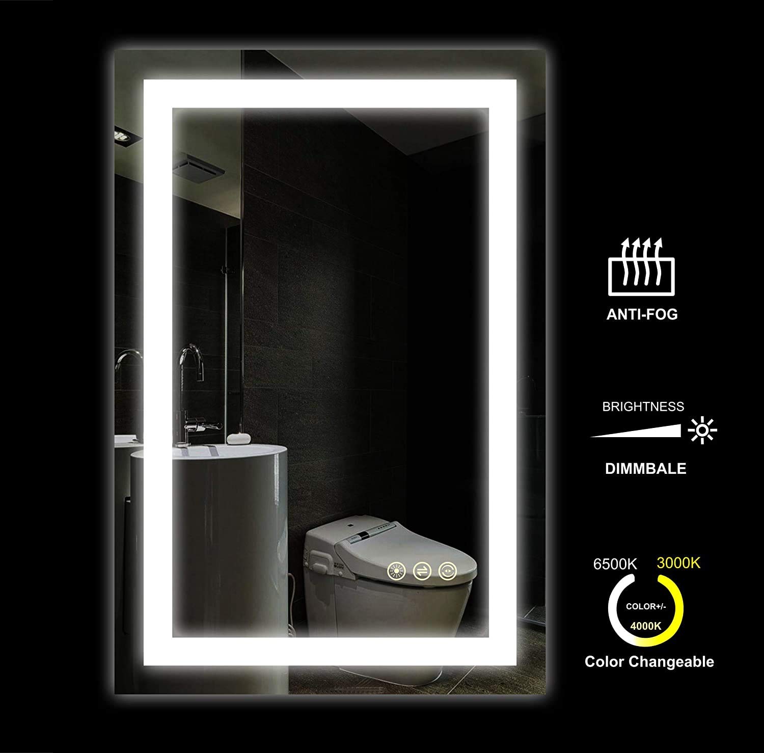 Specchio da bagno illuminato a LED, 50 x 70 cm, dimmerabile, interruttore touch + riscaldamento a specchio antiappannamento + CRI> 90 + installazione verticale e orizzontale, bianco caldo + bianco