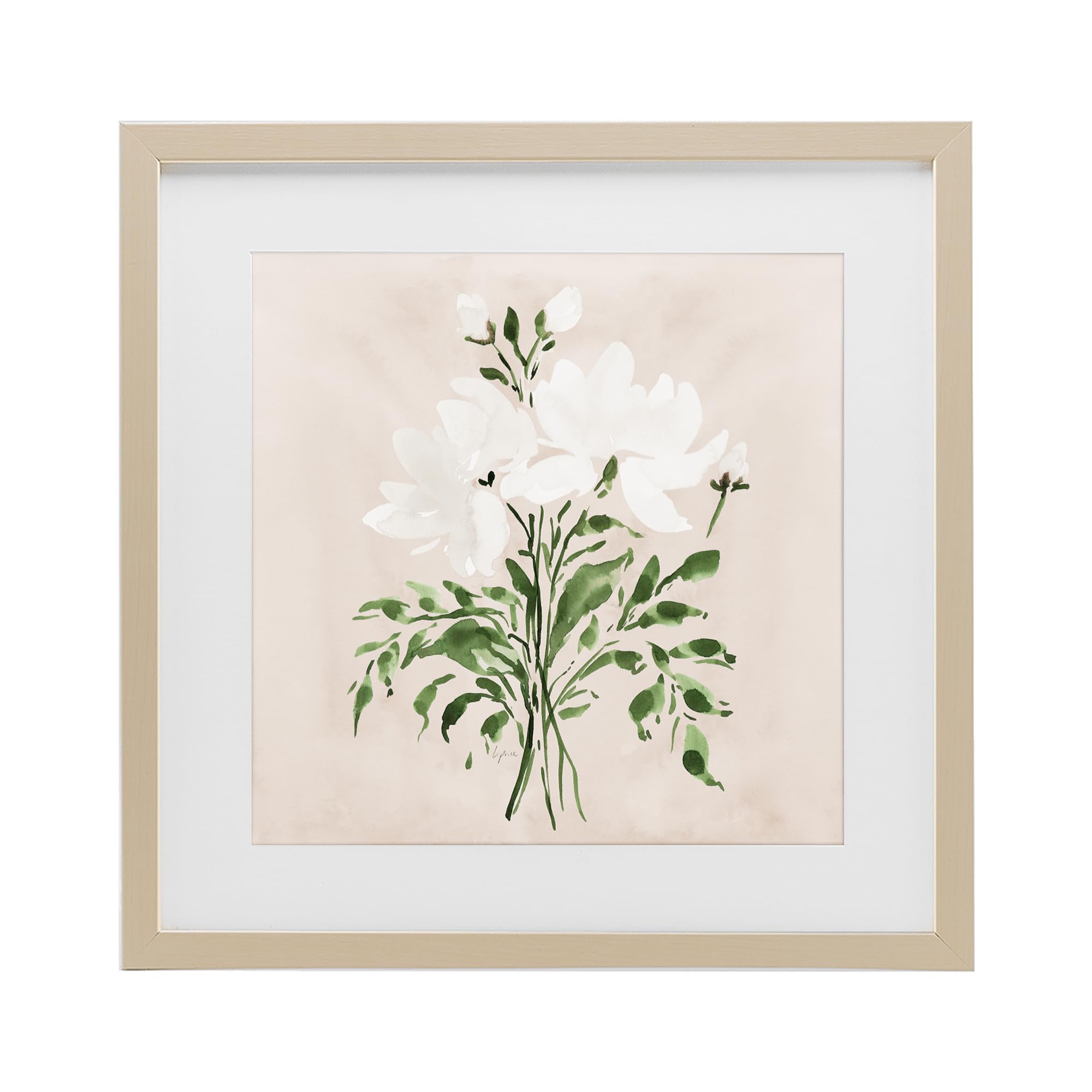 White on Tan Floral Botanical, 16 x 16 Inch Framed Print Under Glass