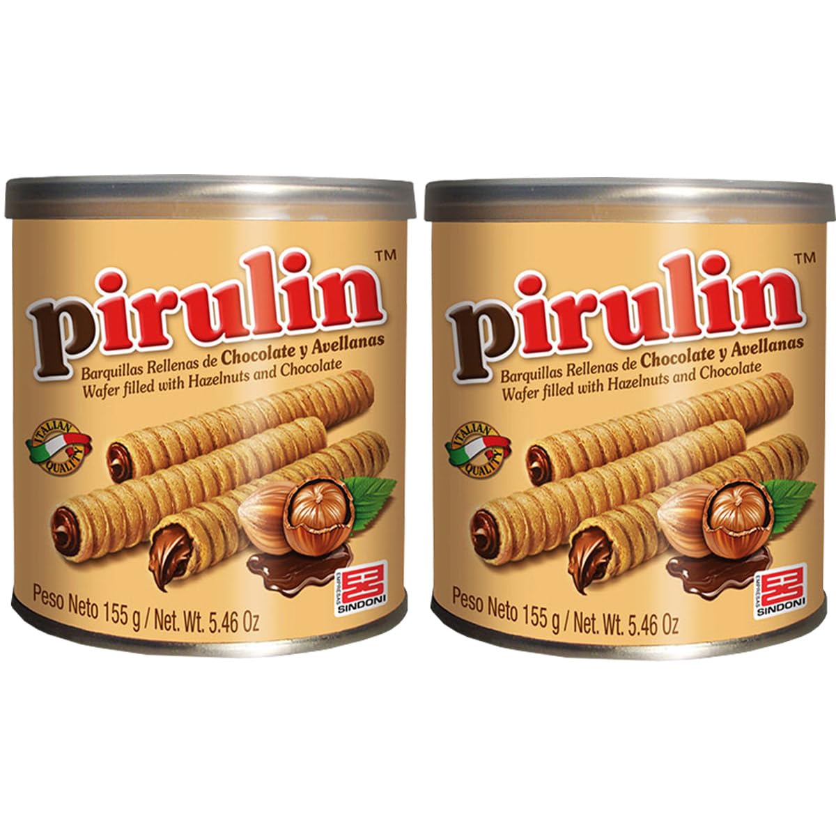 Pirulín Sindoni Pack de 2 Latas 155 g c/u | Barquillos Rellenos de Crema de Chocolate y Avellana | Snack Dulce Venezolano | Ideal para Compartir o Regalar