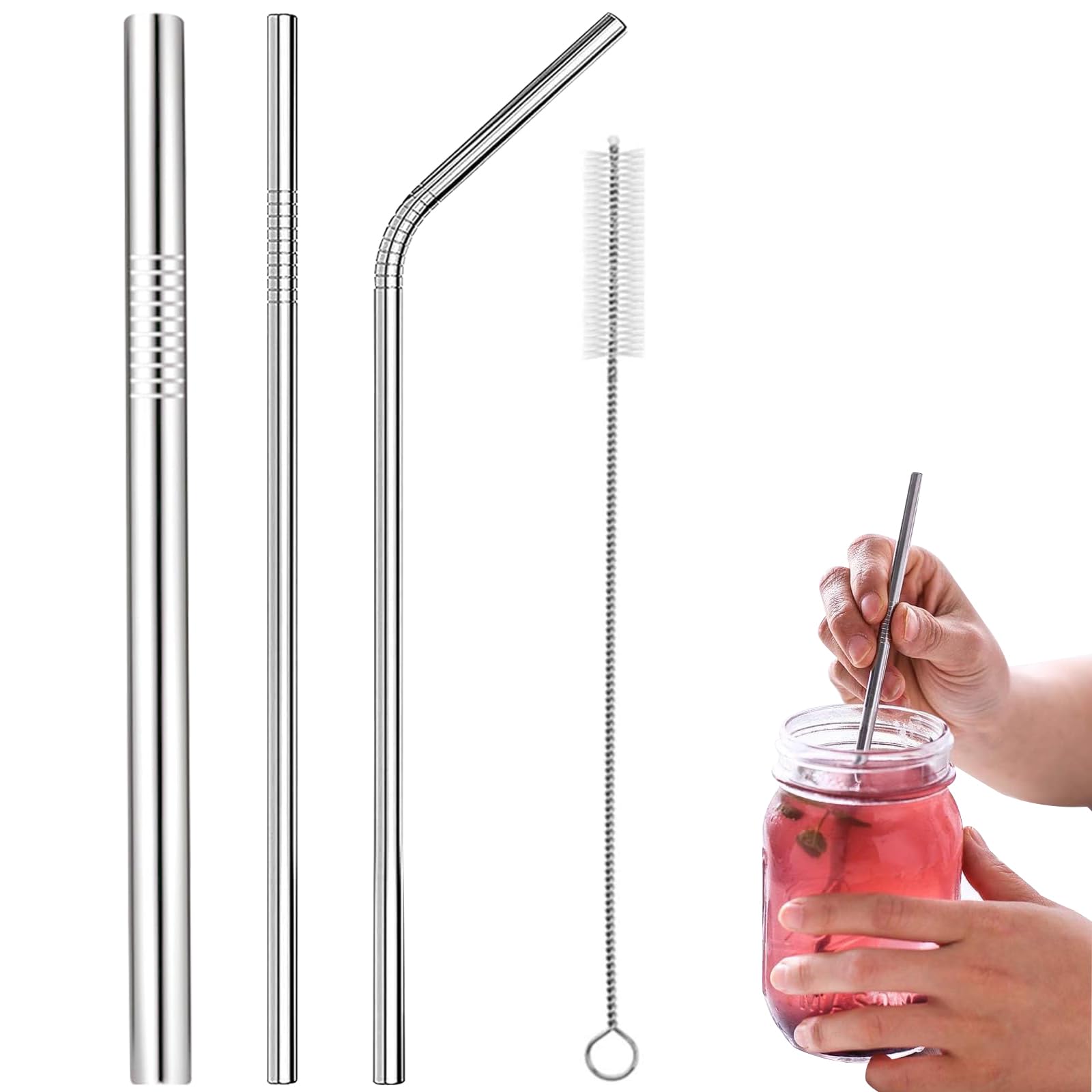 WOLMIK Cannucce in acciaio inox 304, riutilizzabili, set di 3 cannucce in metallo, con spazzole per la pulizia, ecologiche, atossiche, lavabili, ideali per frullati, frappè