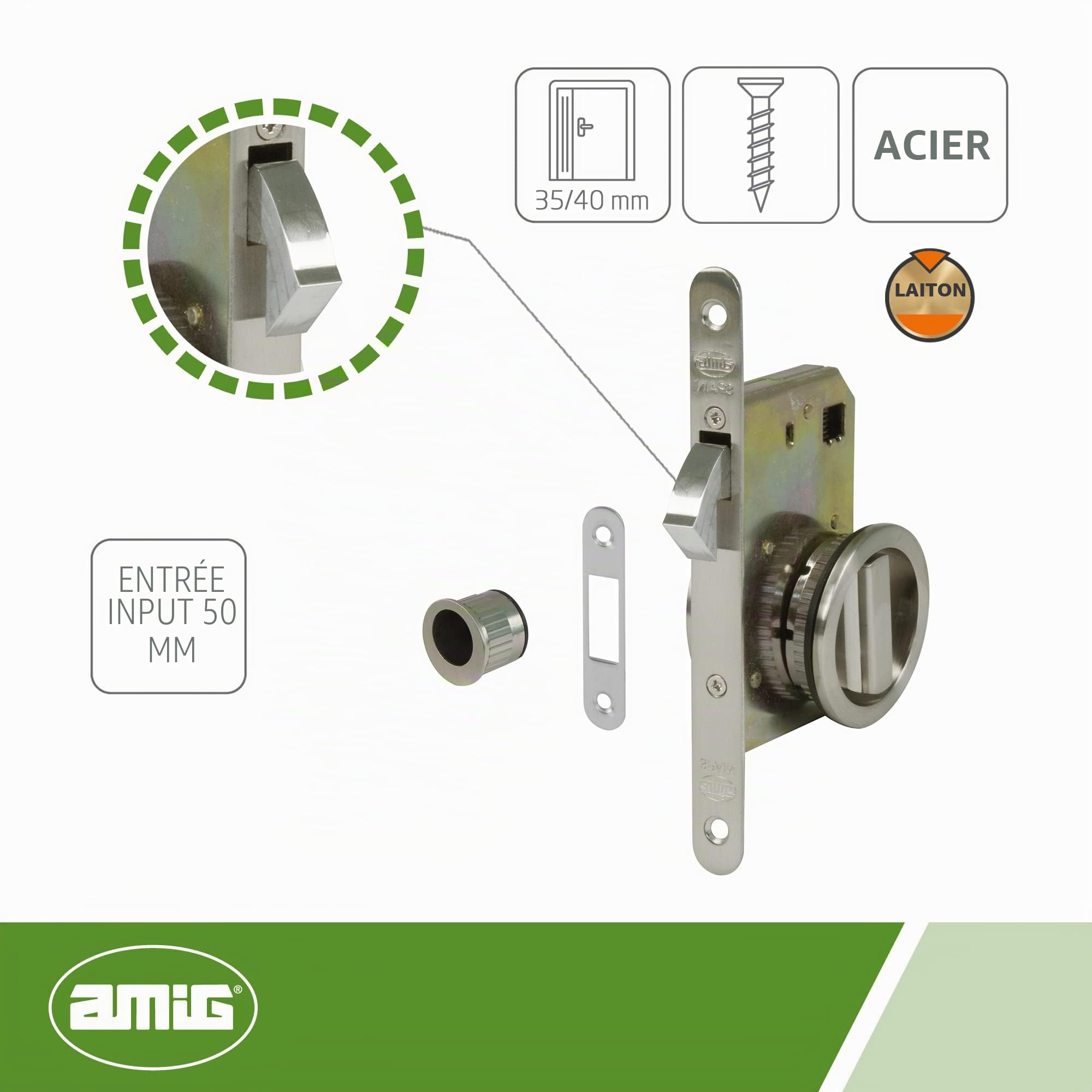 Amig - Serrure à encastrer Mod.611 avec béquille et poignée pour portes coulissantes en bois d'épaisseur 35-40 mm | Entrée : 50 mm | En acier finition chromée mate