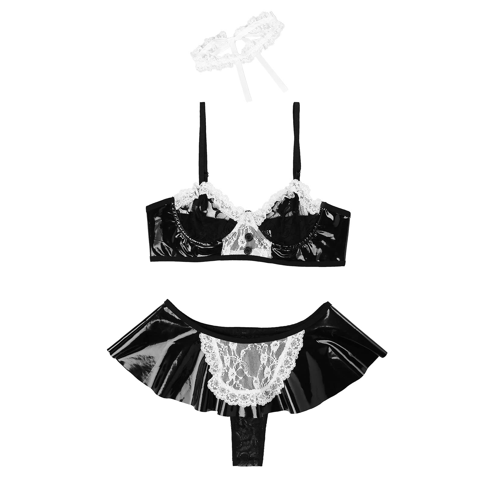 Lingerie Trasparente Donne Lingerie Sexy Maid Costume Cosplay Indumenti da Notte in Pizzo Reggiseno Top con Gonna G-String Collo Anello Sesso