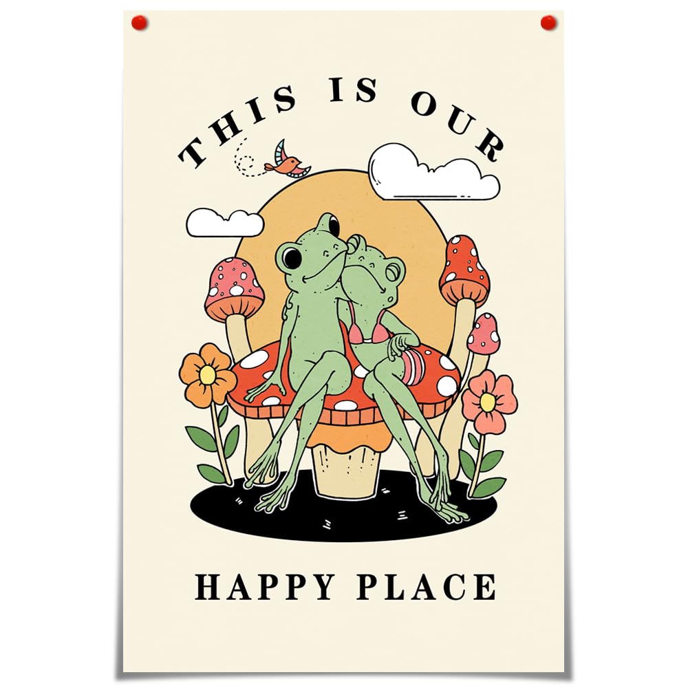 FBKDVCFBKDVC Happy Frog Canvas Wall Art This Is Our Happy Place With Colorful Funny Animal Oil Poster Cute Funny Frog Pictures Print For Bedroom Playroom Kids Living Room Bathroom Decor 12x16in Unframed
