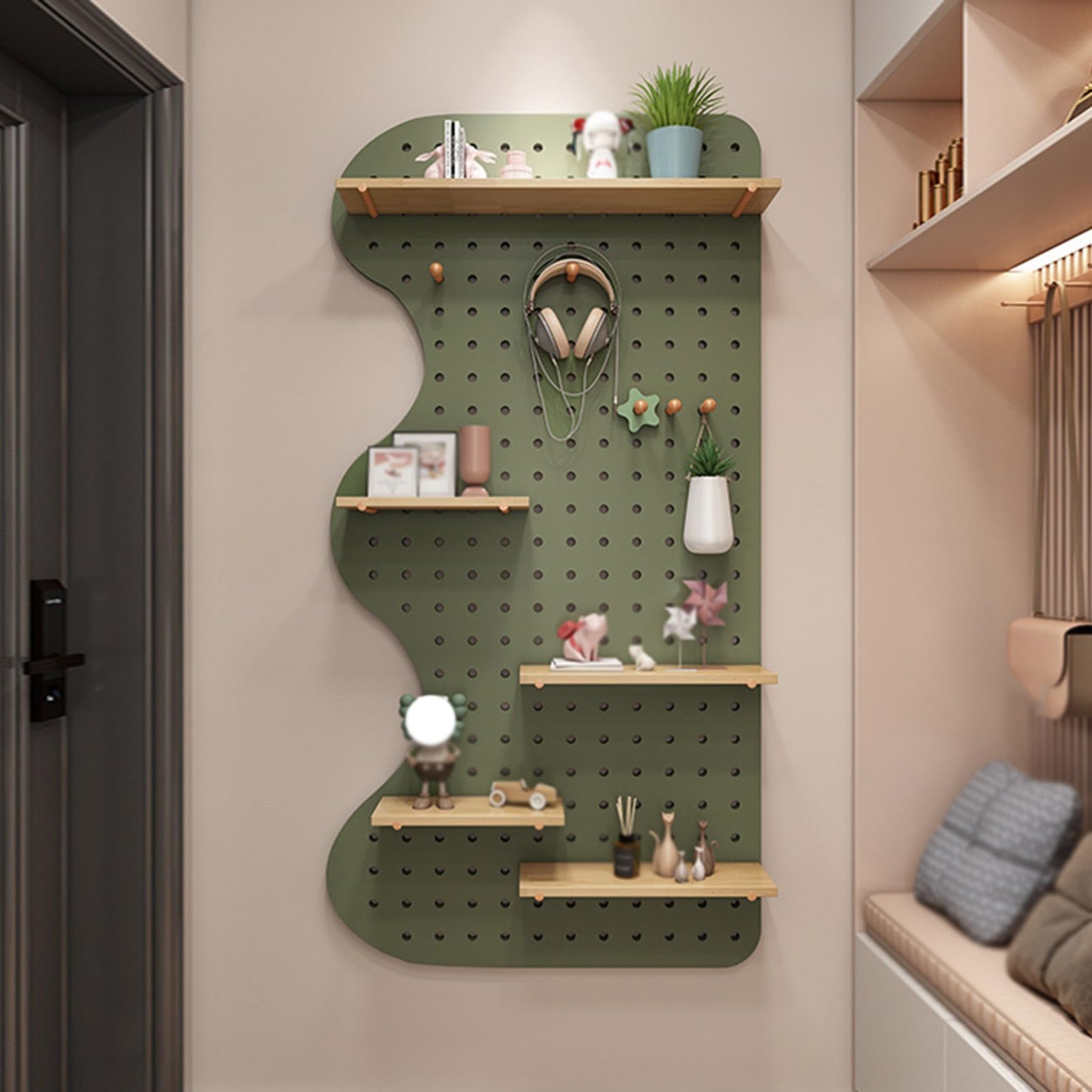 PFCDZDU Pegboard Wall Organizer Panels, Wall Mounted Solid Wood Peg Board Combination Kit, Home Office Hanging DIY Storage Display Wall Modular Shelf (Color : Green, Size : 60x120cm)