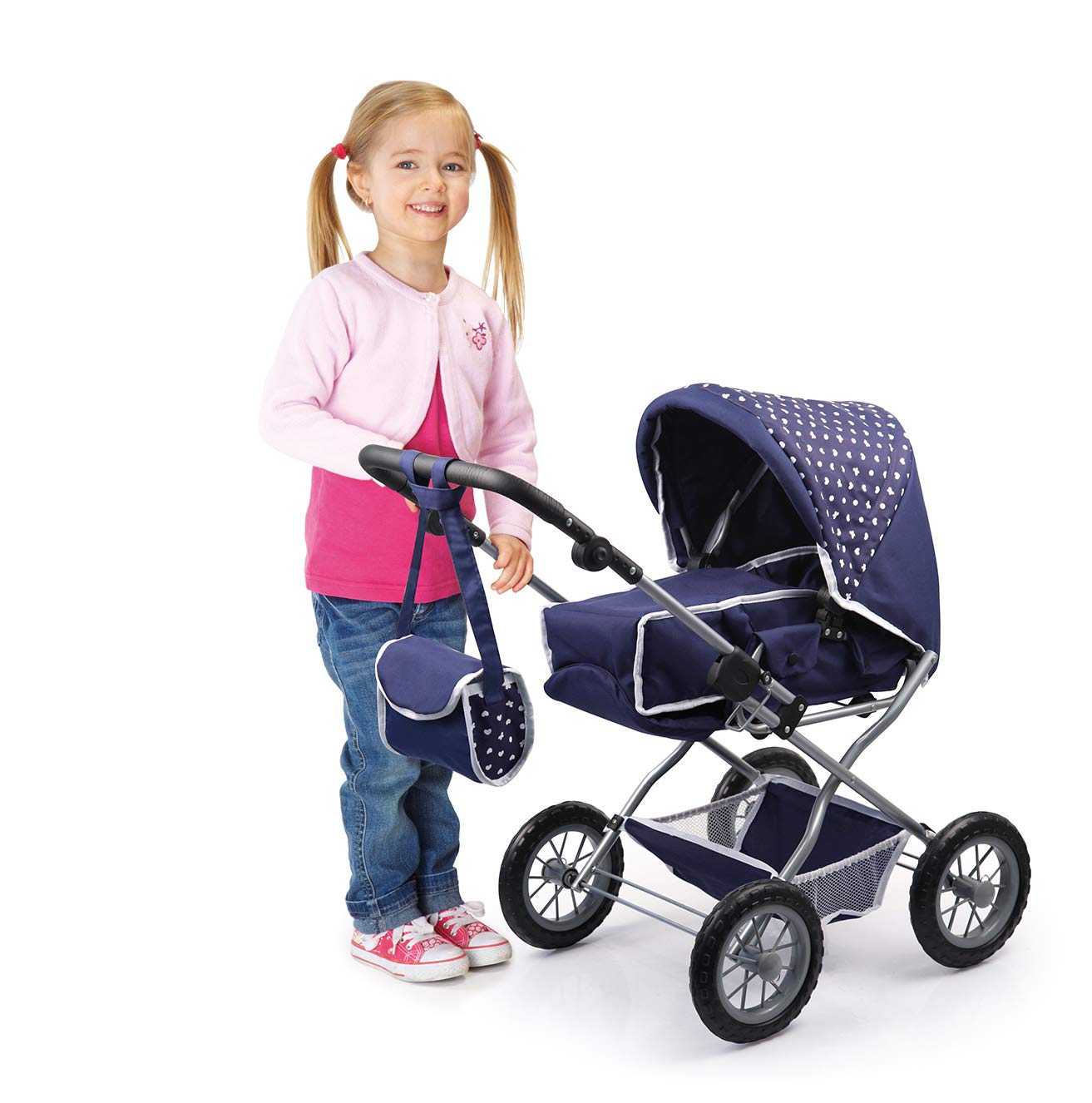 Bayer Design 15051AB Puppenwagen Grande mit Tasche, Puppenbett, Puppentrage, Puppenzubehör, höhenverstellbarer Griff, herausnehmbare Tragetasche