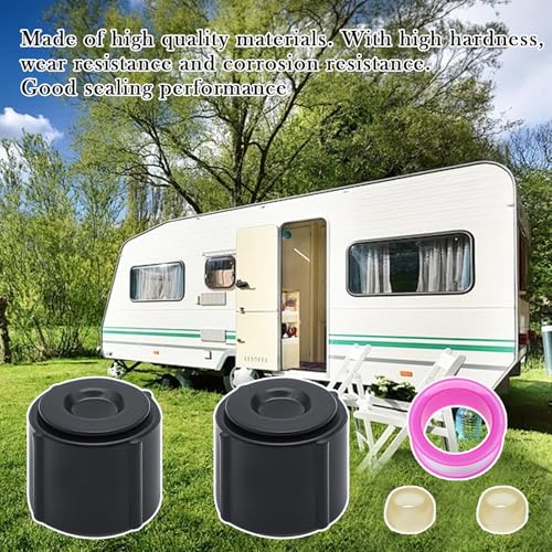 Image of 2 Pcs Black Plastic Low Point Drain Seals /Caps with Sealing Ring & Teflon Tape Compatible - 1 /2 inch Hot and Cold Water Pipes,Suitable for RVs, Campers, Travel Trailers