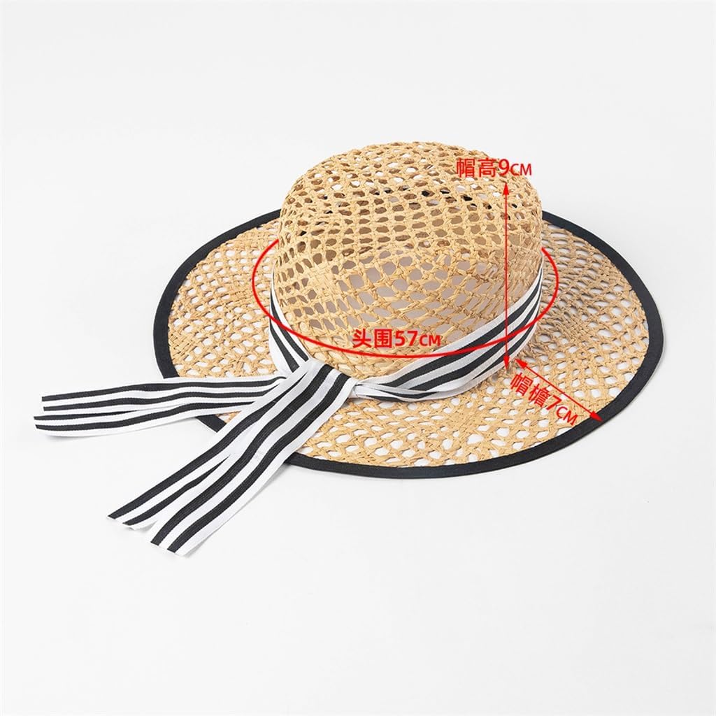 HBJWOV Casual Stripes Floating Belt Hand Knitting Hollow Raffia Flat Top Hat Outdoor Sun Protection Sun Hat