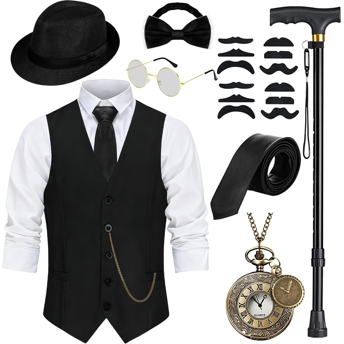 WILDPARTY Disfraz de los años 20 para hombre, chaleco con accesorios, muleta plegable, reloj de bolsillo, gafas de barba, corbata, pajarita, para disfraz de mafia de los años 20, gángster, Peaky