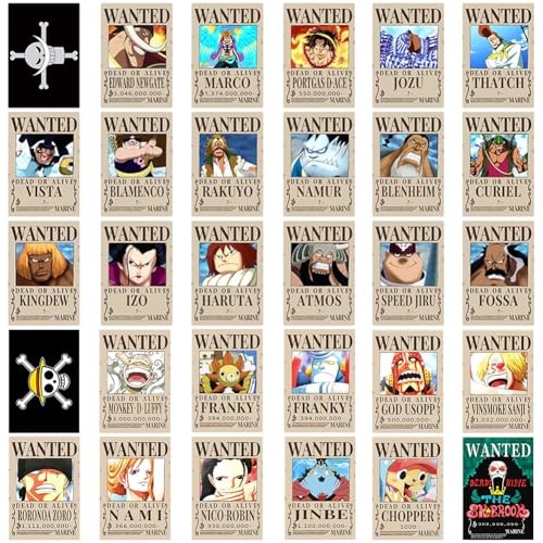 OnePiece Póster,30 PCS OnePiece Luffy Bounty Wanted Poster Kit de Collage de Anime Pared Manga Estética Carteles Pintura Hd Amantes del Anime Estar Dormitorio Decoración de Fotos para Regalos