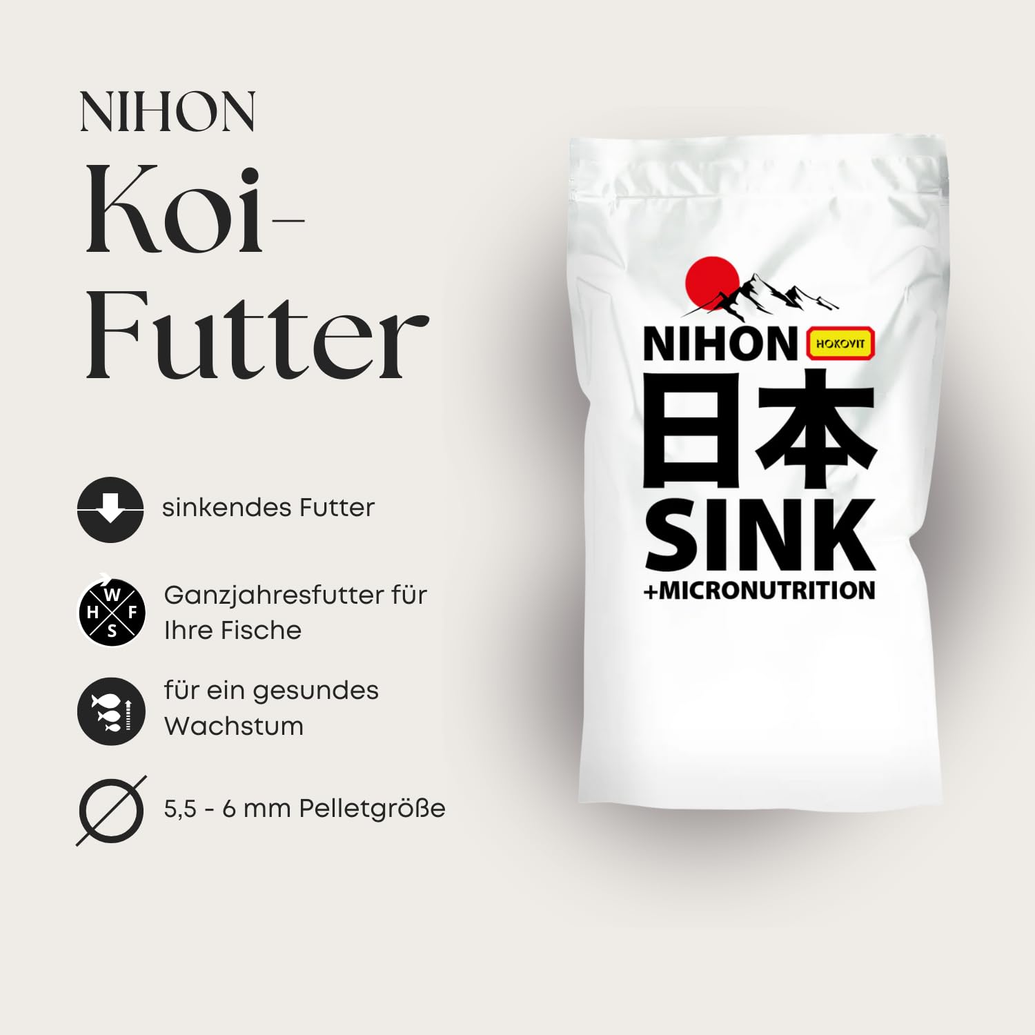 NIHON Hokovit Koifutter Sink – affondando tutto l'anno per Koi & Carpa – con Spirulina e micronutrienti – promuove una crescita sana e il sistema immunitario, pellet da 5,5 – 6 mm – 10 kg