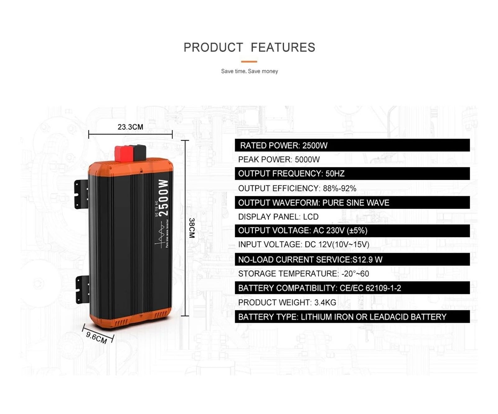 Inversor Inversor Coche 12 V CC A 230 V 2500 W Onda Sinusoidal Pura 50 Hz CA Enchufe UE Pantalla LCD Control Remoto RJ485 para Casas Rodantes Convertidor(2000W-24V)