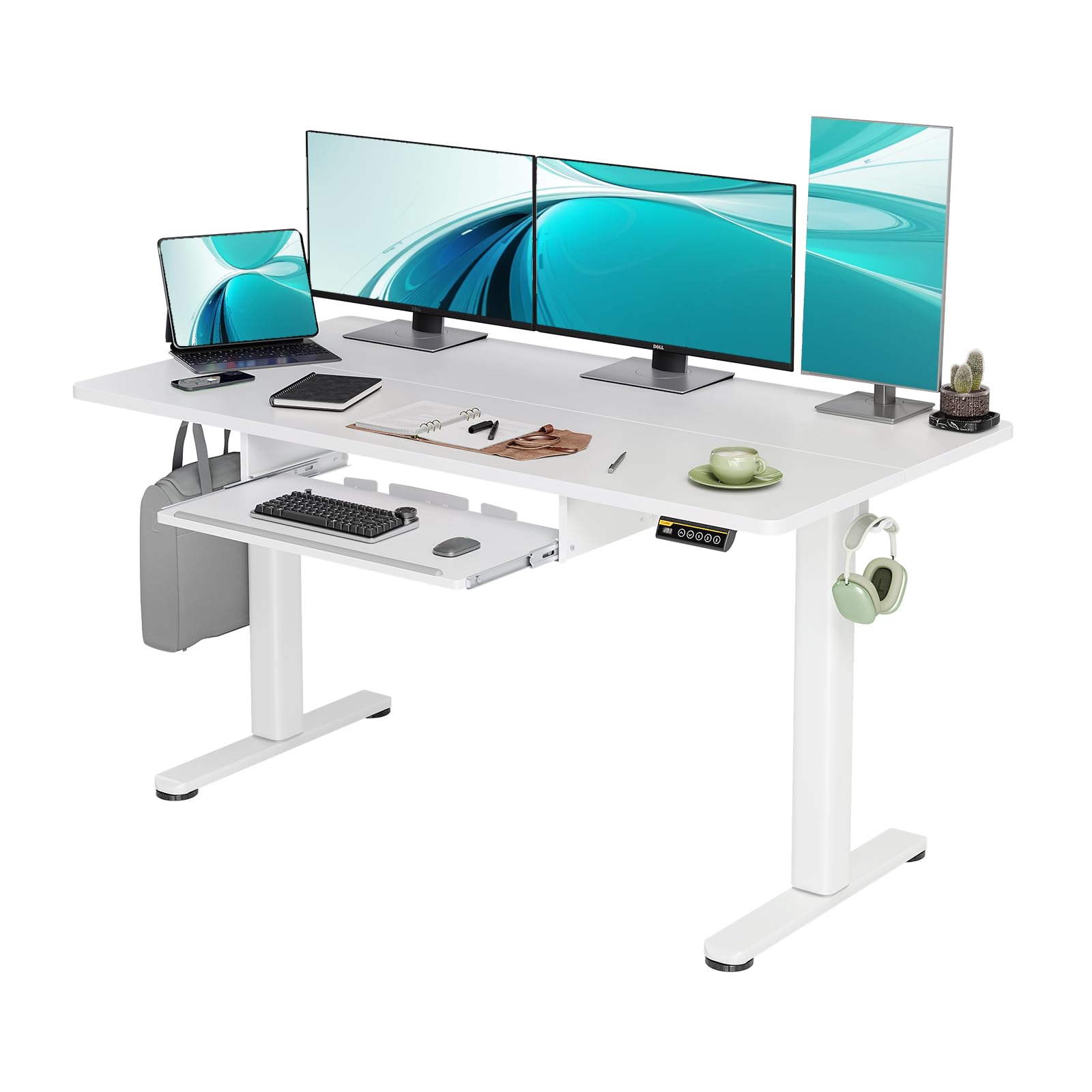 standing desk with keyboard tray, electric standing desk adjustable height, 55x24 inches sit stand up desk with splice board, raising desk for home office, white