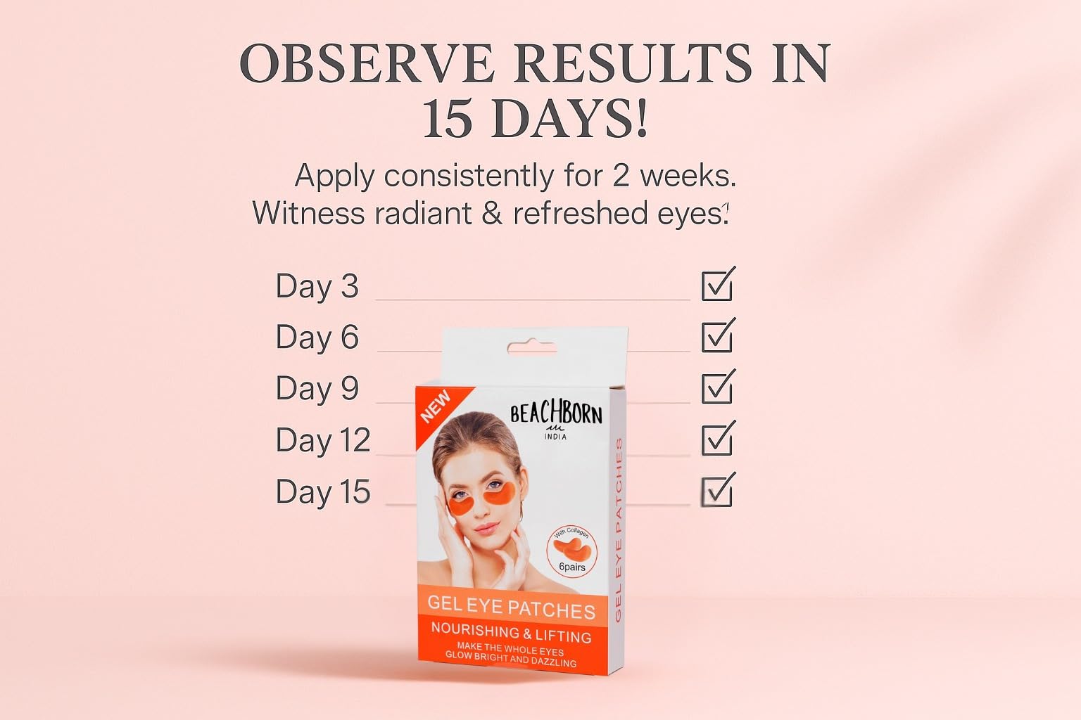 BEACHBORN INDIA Gel Eye Patches 6 Pairs Nourishing & Lifting Hydrating & Refresh for Puffy Eyes, Under Eye Bags & Dark Circles, Natural Collagen Eye Gels Pads, Crystal Anti-Aging Eye Mask(ORANGE) 4