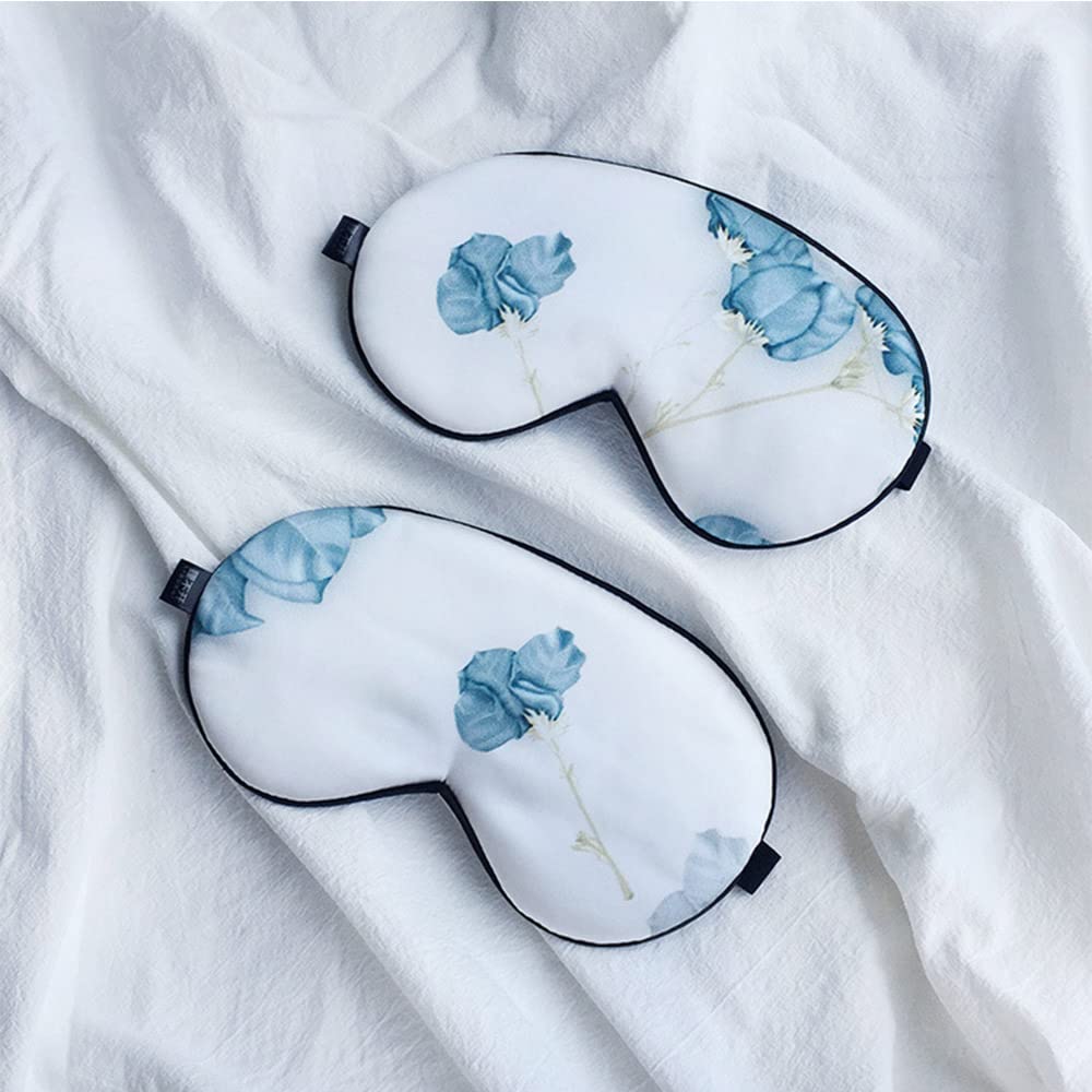 Masque De Sommeil Eyes Masque Silk Impression Bleu Fleurs sur Blanc Sleeping Masque Soft Double Band Bandeau Bandeau Eyepatch Night Mask Masque De Nuit Sommeil
