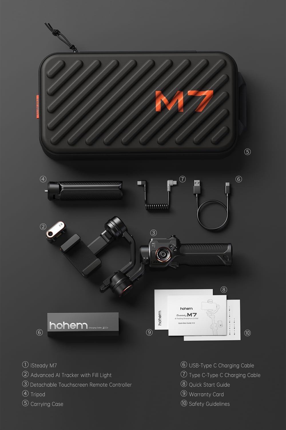 hohem iSteady M7 Stabilisateur pour Smartphone,Traceur Magnétique AI Lumière de Remplissage CCT/RGB, 1.4″ Touchscreen Télécommande Détachable & Perche, Charge utile 500g, Gimbal pour iPhone Android