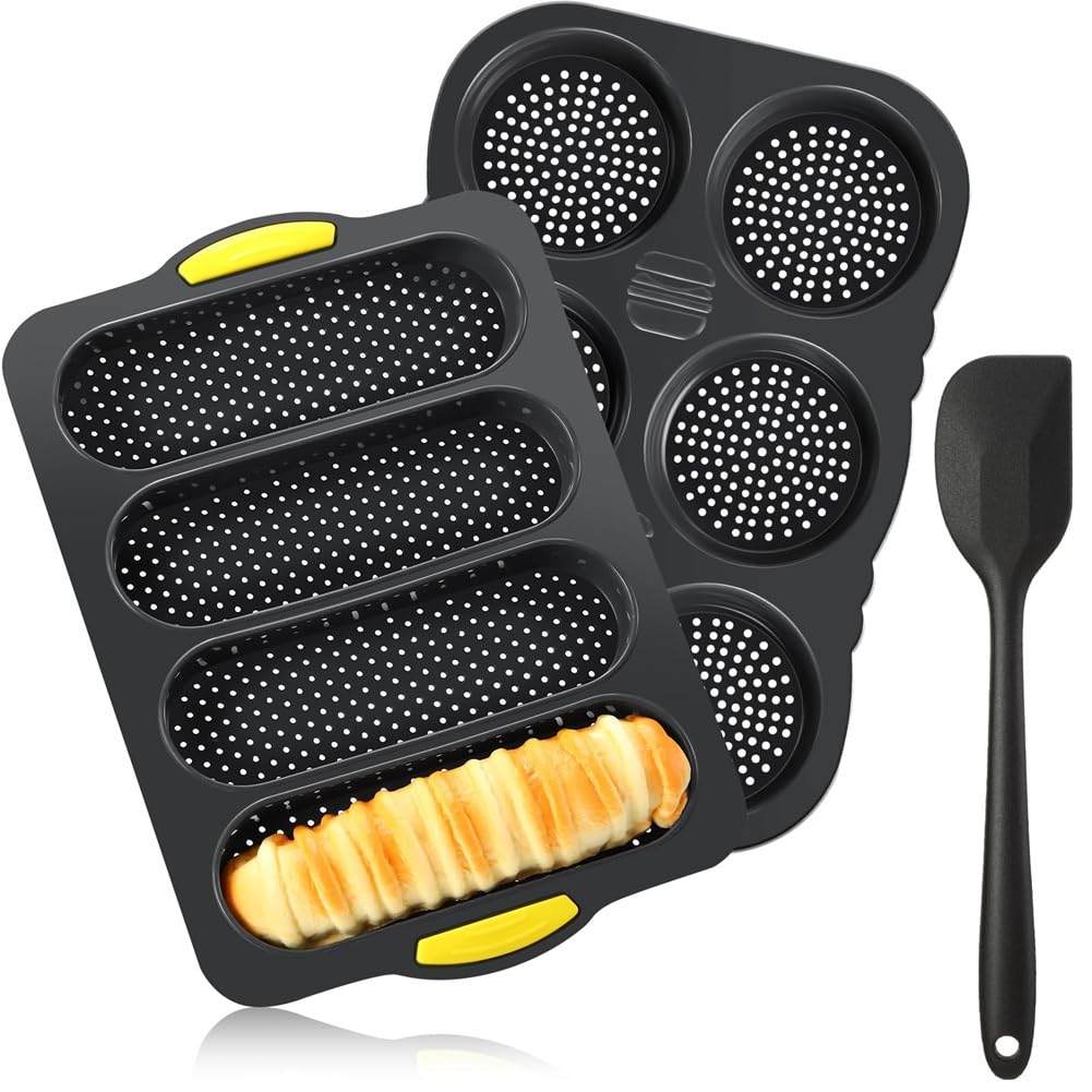 CTRLZS Silicone French Bread Pan and Hamburger Bun Pan Set Nonstick 4 Wave Baking Tray 6Cup Hamburger Bun Mold Bread Pans Easy Install