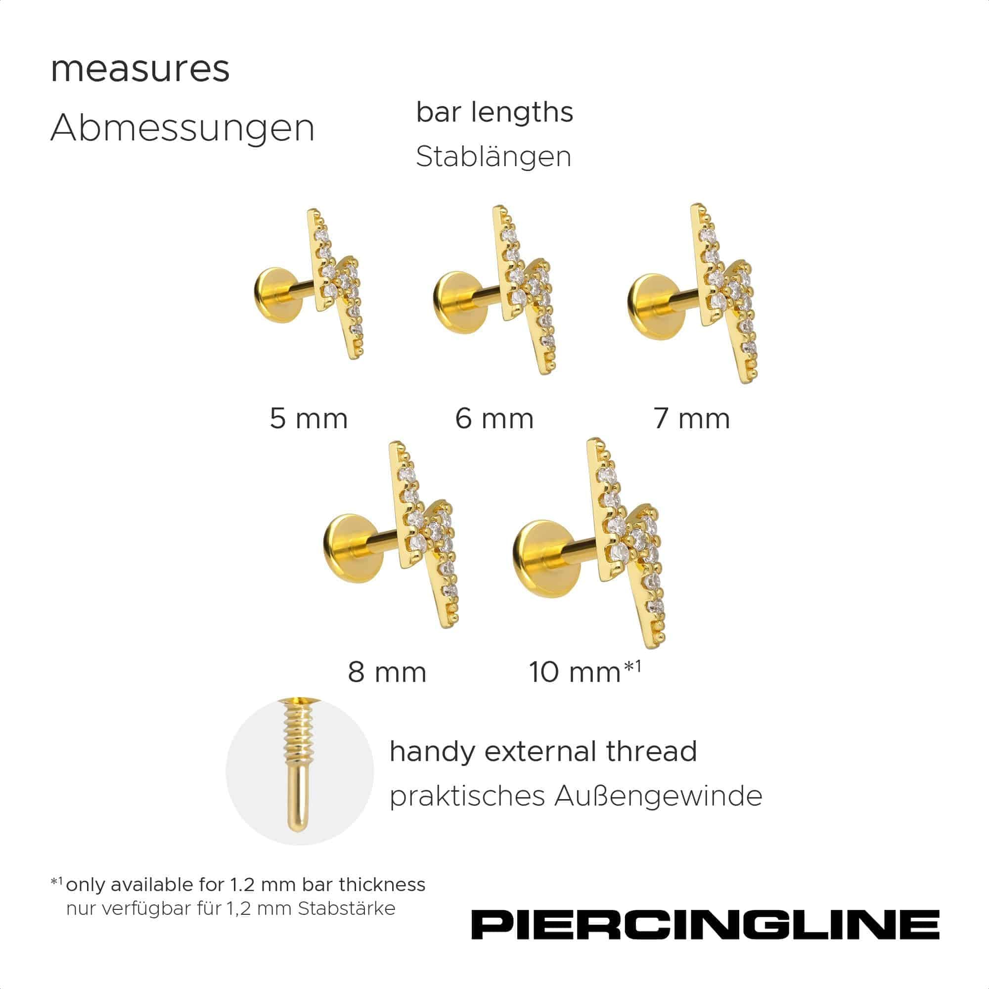 PIERCINGLINE Piercing Stecker Titan Labret mit Innengewinde + 925er Silber Aufsatz MOISSANIT-BLITZ - Goldfarben, Silberfarben