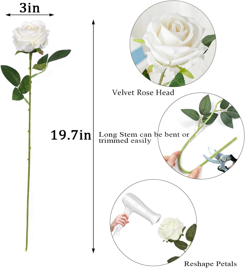 Artificial Roses 50 Pcs Velvet Silk Rose Real Touch Long Stem Fake Flowers Bulk for Flower Arrangement Wedding Centerpieces Home Party Decor (White) - Image 2