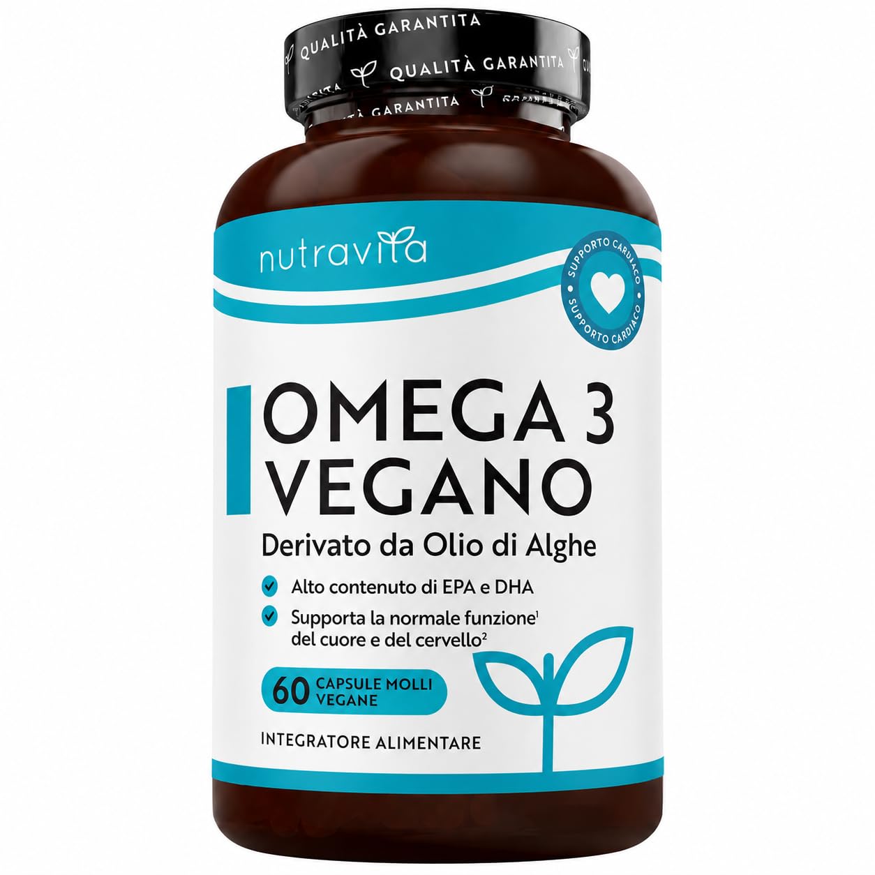 Nutravita Omega 3 Vegan Ad Alta Efficienza 2000mg - 60 Capsule Molli Vegane - 600mg DHA e 300mg EPA - Integratore Omega 3 Derivato da Olio di Alghe - per la Salute del Cuore