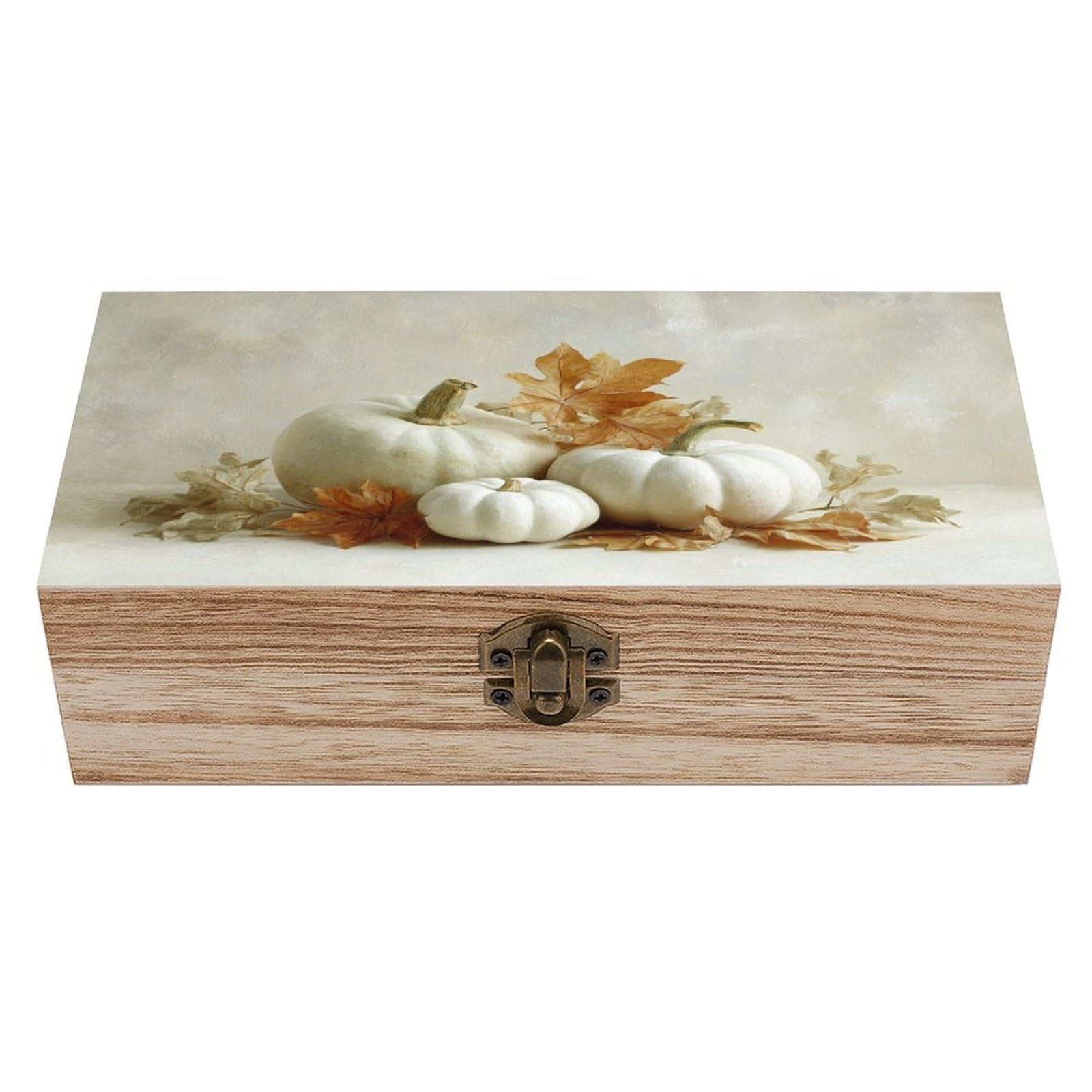 Ahdyr White Pumpkins And Fall Leaves Wooden Storage Box with Hinged Lid And Front Clasp Large Keepsake Box