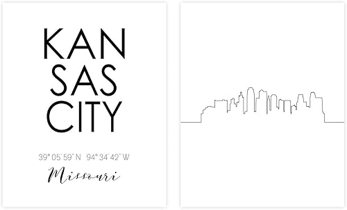 Kansas City Skyline Wall Décor Prints - Juego de 2 fotos de arte (8 x 10)