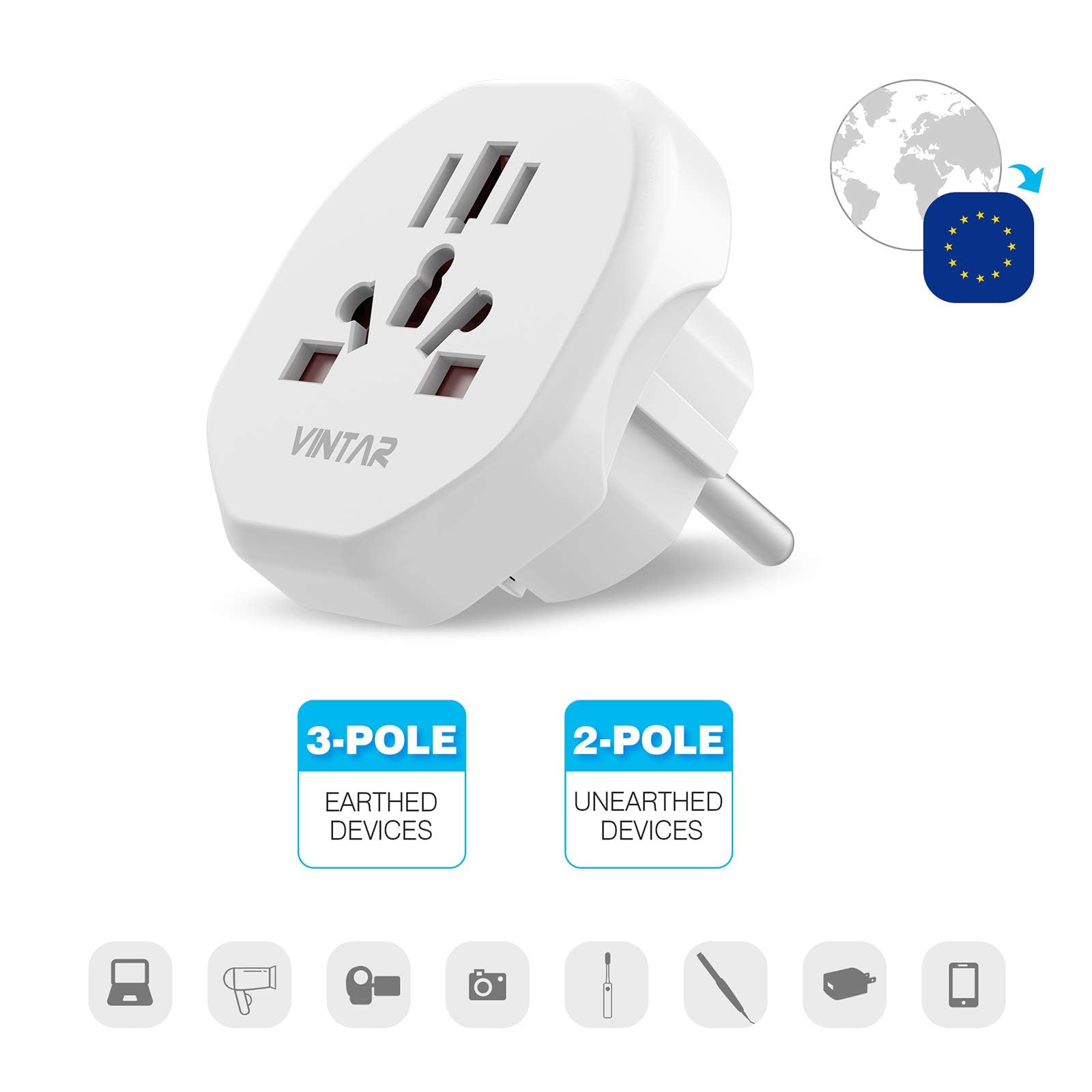 VINTAR 2PC Adaptateur Prise Anglaise vers France,Adaptateur Prise USA vers France,Adaptateur de Voyage pour UK, USA, Canada, Chine, Australie, Italie, Suisse, Prise Monde, Blanc
