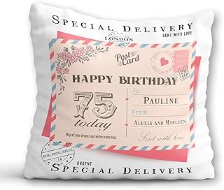 75th Birthday Cushion for her - 75th Birthday Gift for Women - Personalised Long Distance Friend Postcard Pillow - 75th Gift Idea for Mum Nan Grandma Auntie Nanny Distant Friendship Across Miles