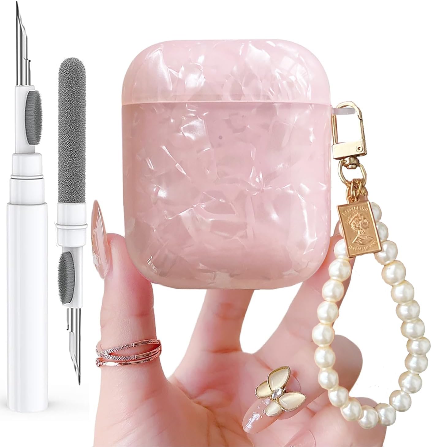 for Cute Glitter Airpods 2/1 Gen Case with Cleaner Pen,Shell Pattern Airpods 2nd/1st Generation Cover Protective Skin Girl Women with Luxury Pearl Keychain for Apple iPod 2nd/1st Gen - Pink