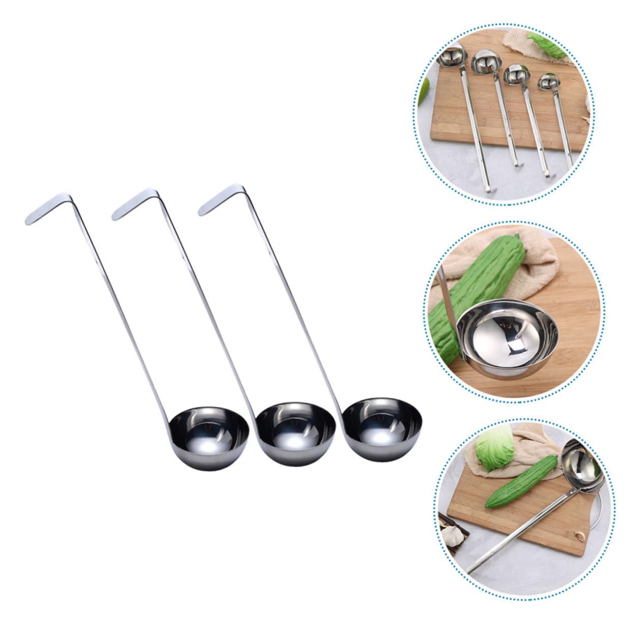 MOLUCKFU 3pcs Stainless Steel Soup Ladles Curved Handles Long Handle Spoons for Wonton Soup Restaurant Serving Utensils
