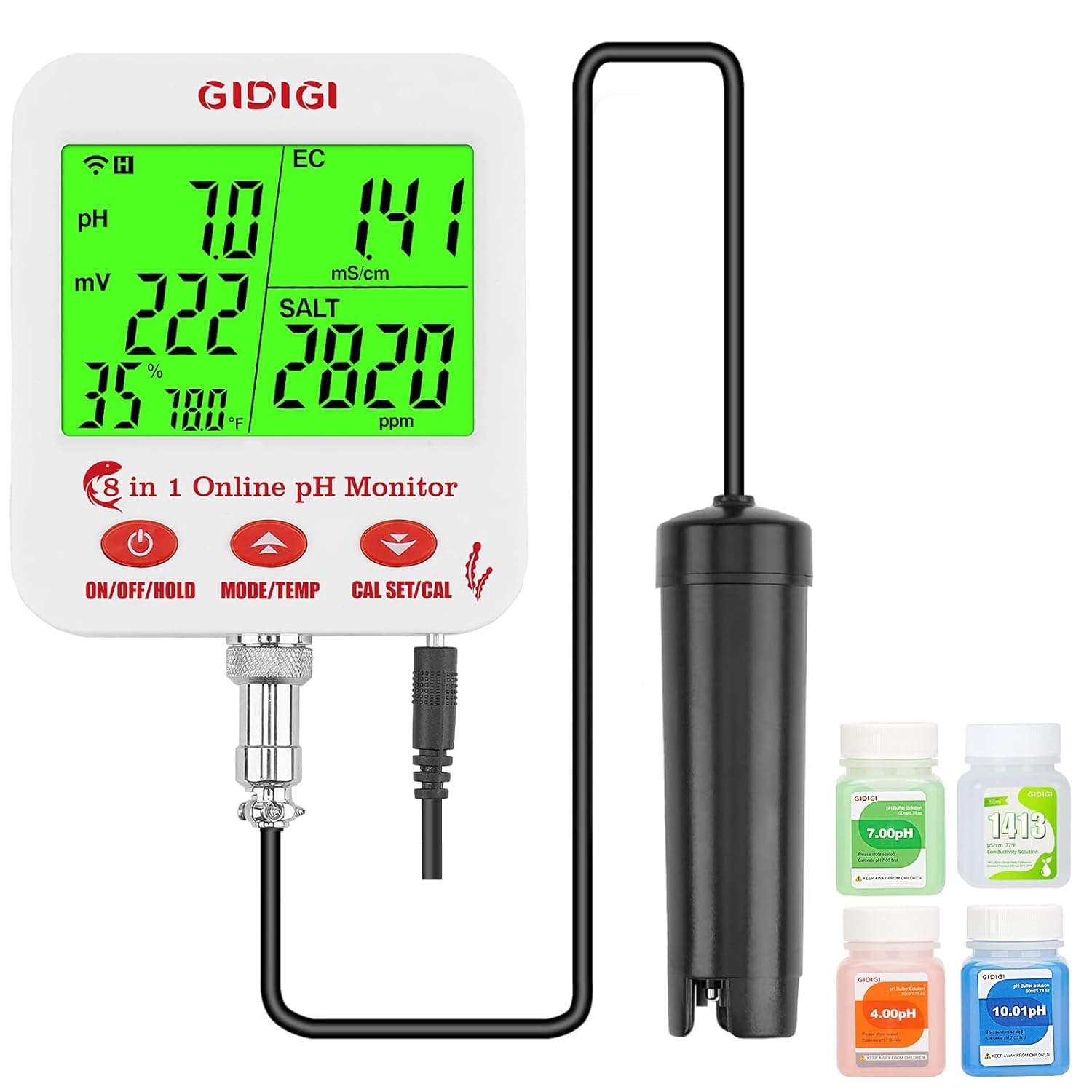 8-in-1 WiFi Water Smart pH/EC/TDS/Salz Messgerät mit ORP, Feuchtigkeits und Temp, Digitaler Hydrokultur Nährstoffmonitor und Salzgehalttester für Aquarium, Fischtank