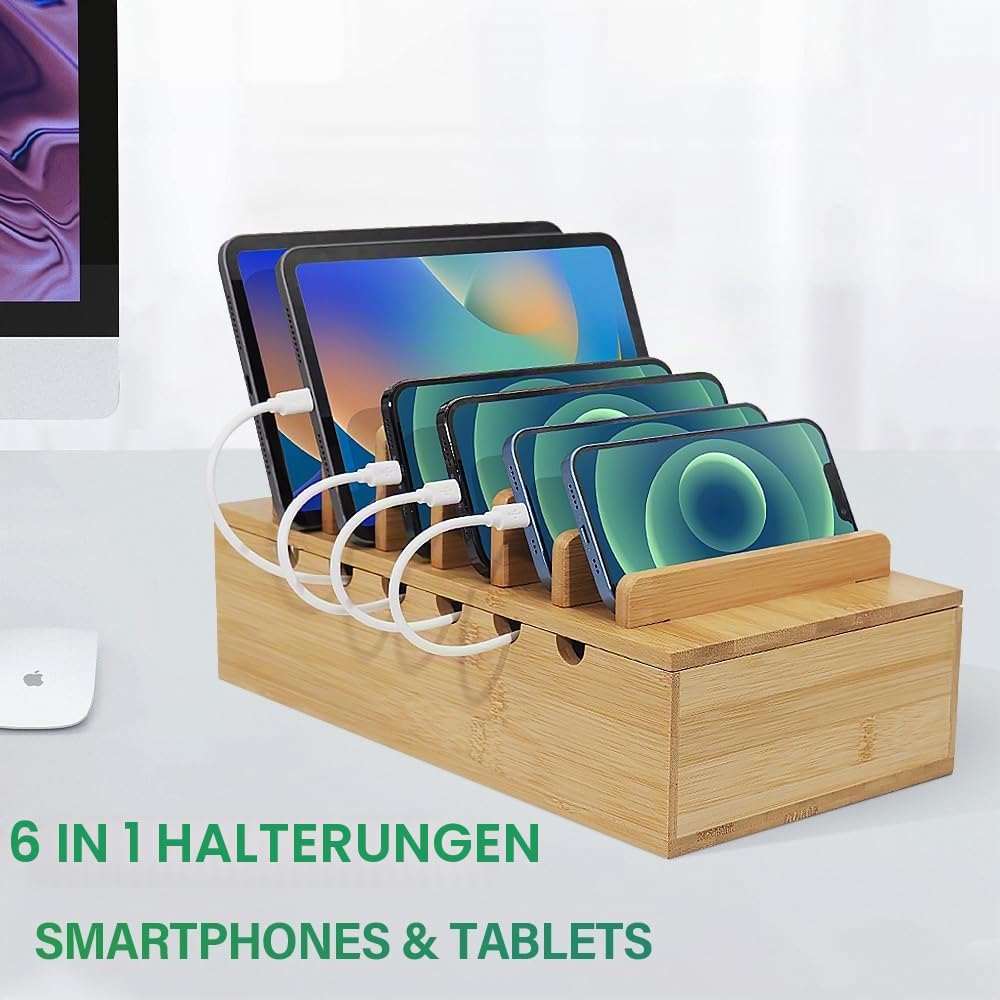 Bambus-Ladestation für mehrere Geräte, Upgrade-Schreibtisch-Dockingstationen, Organizer für Apple-Geräte, Holz-Lade-Handyhalter-Ständer (inkl. 6 Kabel) (ohne Netzteil)