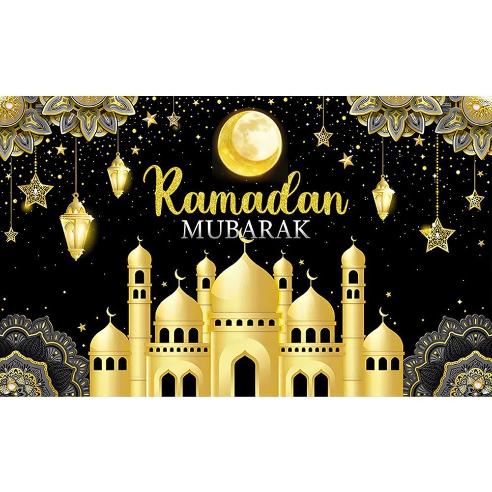 Lpitoy Black Ramadan Mubarak Background Banner Large Fabric Muslim Ramadan Banner Photography Background Banner For Party Decor