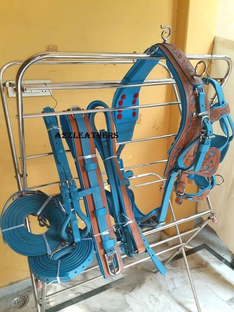 Imbracatura di guida intagliata in pelle blu naturale per carrello singolo cavallo in 4 dimensioni (pony)