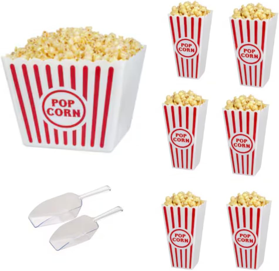Set of 7 Popcorn Containers Red & White Striped Retro Style Reusable Open Top Buckets Scooper Classic Bowls Tubs Boxes Movie Night Party